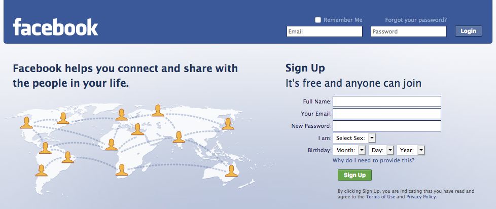 Facebook new login page (2008)
